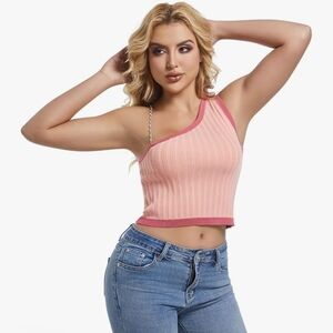 Asymmetrical Ribbed Pink Crop Top with Contrast Trim